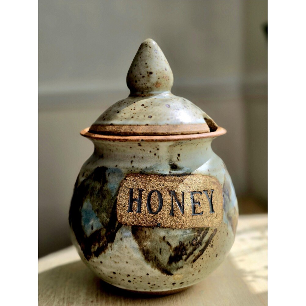 Vintage Signed Studio Pottery Honey Pot - Rustic Ceramic Honey Jar with Lid Spec